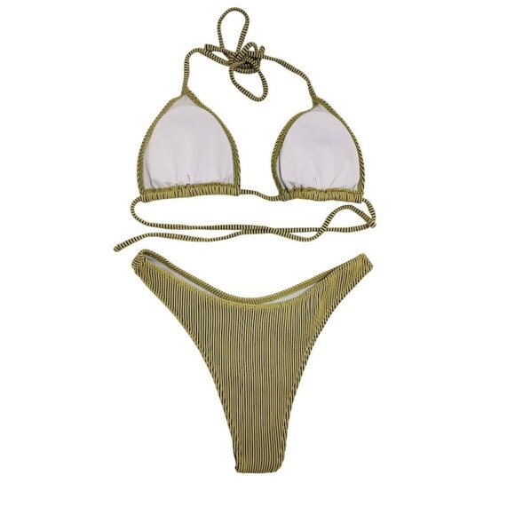 Striped Bikini Set With Triangle Swimsuit Top & Skirt Cover-Up Size M - Picture 6 of 7